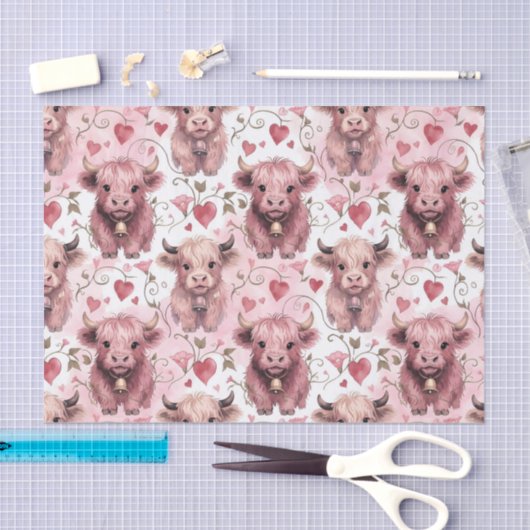 Pink Highland Cow Valentine Hearts Seidenpapier (Handwerk)