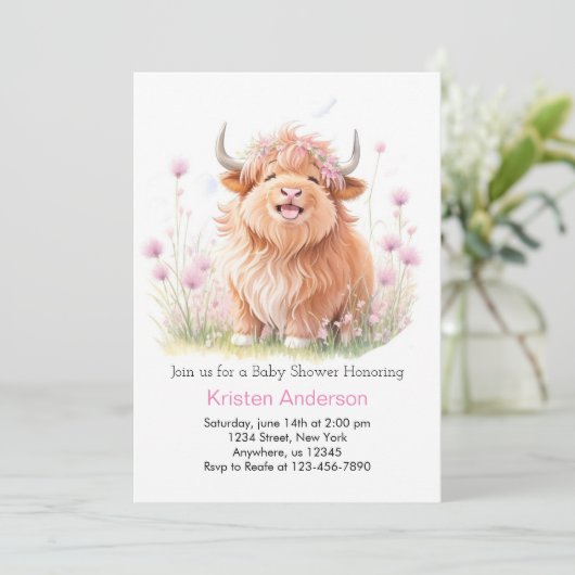 Pink Highland Cow Wildblume Girl Baby Dusche Einladung (Stehend Vorderseite)