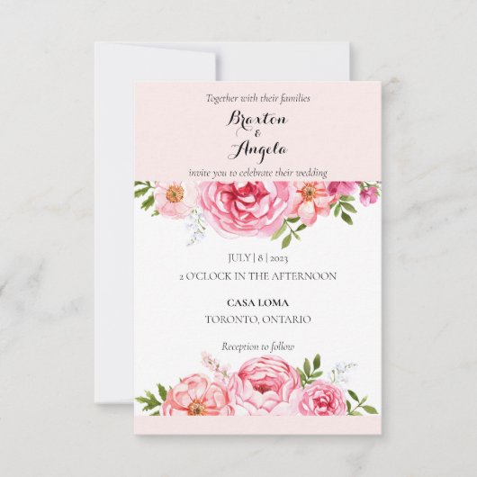 Pink-Hochzeitsempfang mit Blume individuell anpass Einladung (Vorderseite)