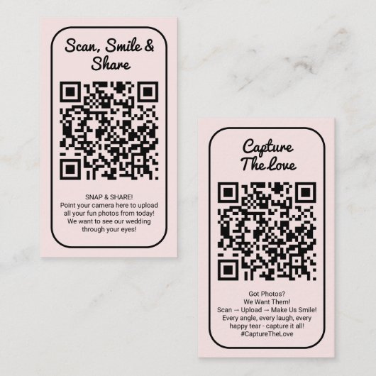 Pink Hochzeitsfoto-Sharing Capture Love QR-Code  Visitenkarte (Vorne/Hinten)
