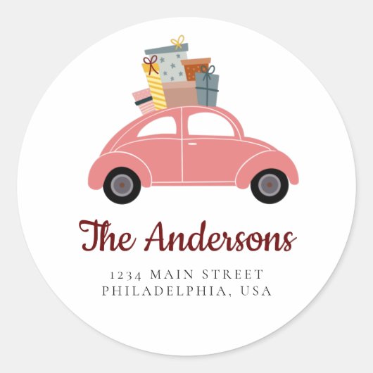 Pink Holiday Car mit Stapel von Geschenken Adresse Runder Aufkleber (Vorderseite)
