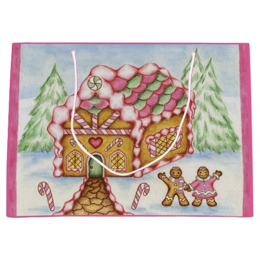 Pink Holiday Gingerbrei House Geschenktasche Große Geschenktüte (Vorderseite)
