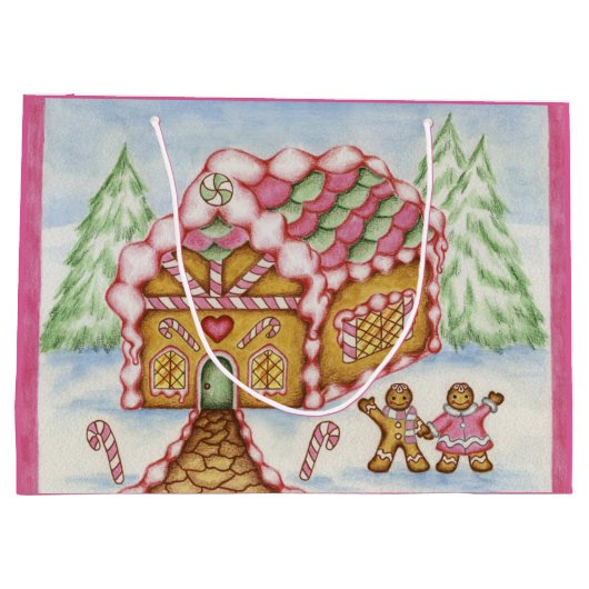 Pink Holiday Gingerbrei House Geschenktasche Große Geschenktüte (Rückseite)