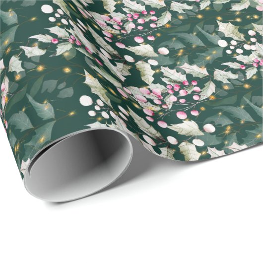 Pink Holly Berries and Folies on Dark Green Geschenkpapier (Rolleneckpunkt)