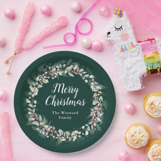 Pink Holly Wreath Frohe Weihnachten Pappteller (Party)