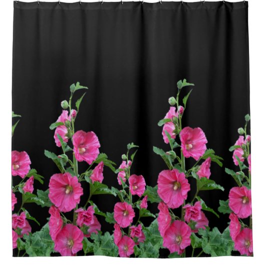 Pink Hollyhocks auf schwarz Duschvorhang (Vorderseite)