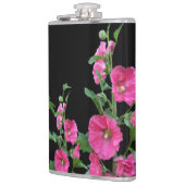 Pink Hollyhocks auf schwarz Flachmann (Links)