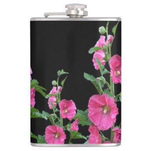 Pink Hollyhocks auf schwarz Flachmann