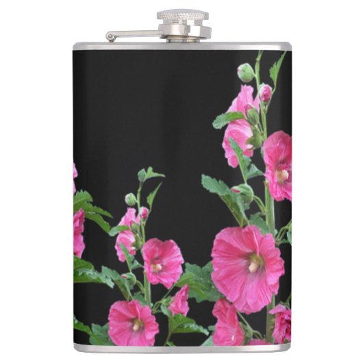 Pink Hollyhocks auf schwarz Flachmann (Vorderseite)