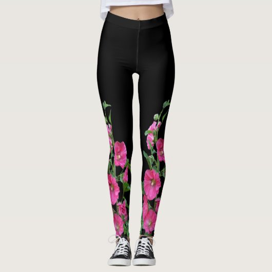 Pink Hollyhocks auf schwarz Leggings (Vorderseite)