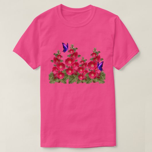 Pink Hollyhocks Butterfly Komfortable Baumwolle T- T-Shirt (Design vorne)