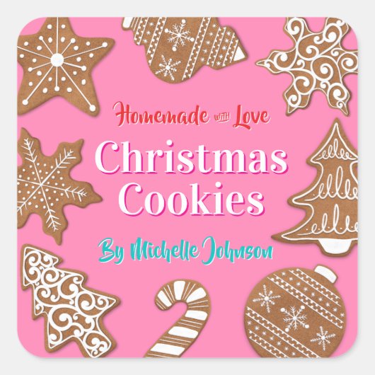 Pink Homemade Christmas Cookies Quadratischer Aufkleber (Vorderseite)