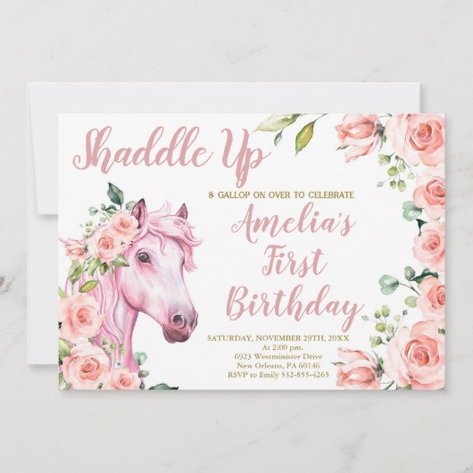 Pink Horse Birthday Party, Mädchen Geburtstag Einladung (Vorderseite)