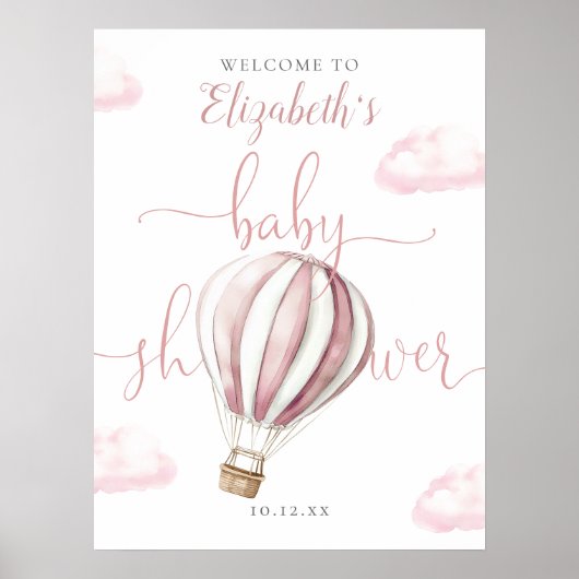 Pink Hot Air Ballon Babydusche Begrüßungszeichen Poster (Vorne)
