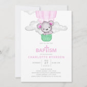 Pink Hot Air Ballon Bär Girl Taufe Einladung (Vorderseite)
