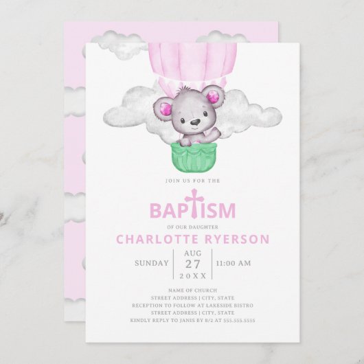 Pink Hot Air Ballon Bär Girl Taufe Einladung (Vorne/Hinten)