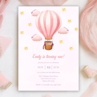 Pink Hot Air Ballon Girl 1. Geburtstag Party Einladung