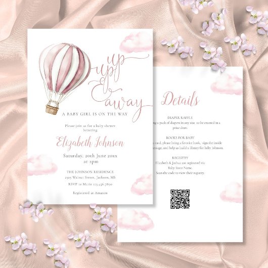 Pink Hot Air Ballon Girl All in one Baby dusche I Einladung