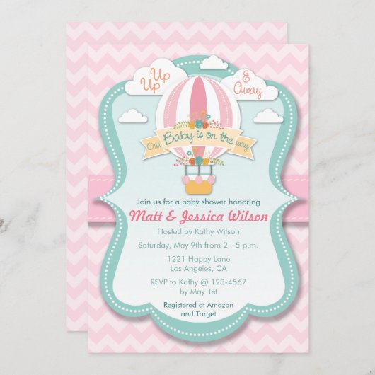 Pink Hot Air Ballon Girls Babydusche Einladung (Vorne/Hinten)