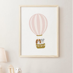 Pink Hot Air Ballon mit Hunde Kinderzimmer Poster
