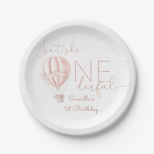 Pink Hot Air Ballon Onederful Girl 1st Birthday Pappteller (Vorderseite)