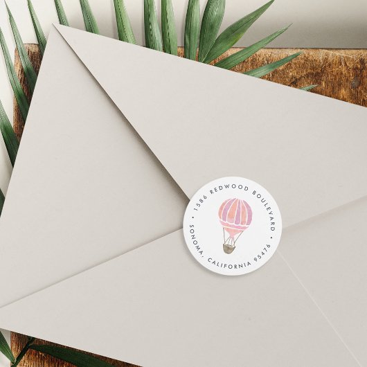 Pink Hot Air Ballon Rücksendeadresse Runder Aufkleber