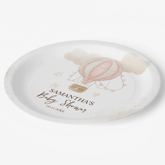 Pink Hot Air Ballon Wolken Babydusche Pappteller (Schrägansicht)