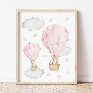 Pink Hot Air Balloon, Cute Animals, Girl Nursery Fotodruck