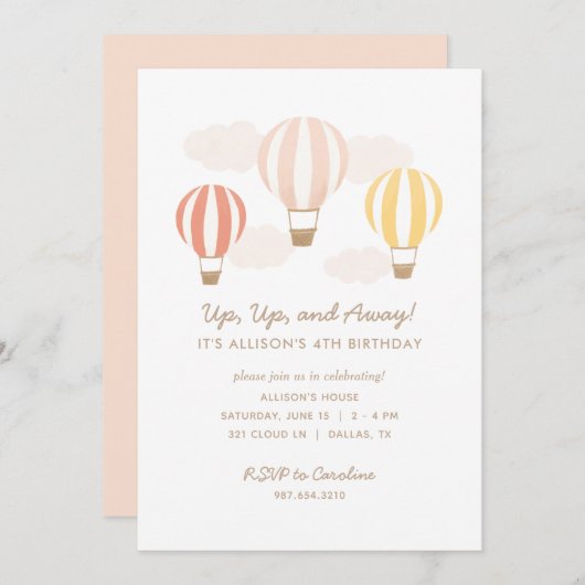 Pink Hot Air Balloons Girl Birthday Party Einladung (Vorne/Hinten)