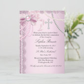 Pink Hübsch Pearl Bow Cross Erste Heilige Kommune Einladung (Stehend Vorderseite)