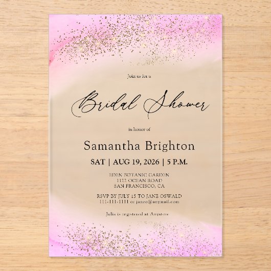 Pink Hues Gold Glitzern Brautparty Acryleinladungen (Vorderseite)