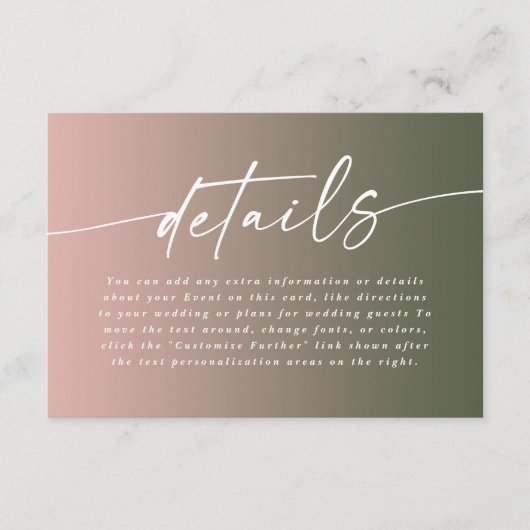 Pink & Hunter Shadow Shadow Fade Wedding Details Begleitkarte (Vorderseite)