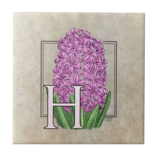 Pink Hyacinth Floral Monogram Fliese (Vorderseite)