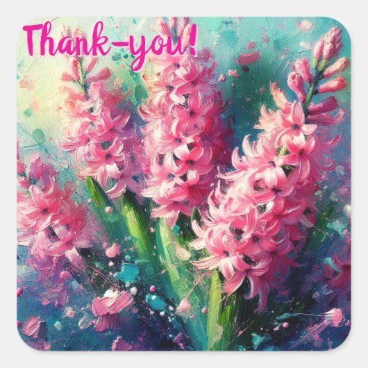 Pink Hyacinths Blumengemälde Quadratischer Aufkleber (Vorderseite)