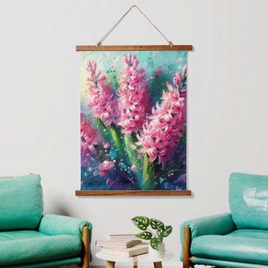Pink Hyacinths Blumengemälde Wandteppich Mit Holzrahmen (Wohnzimmer)