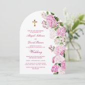 Pink Hydrangea Arch Religious Wedding Einladung (Stehend Vorderseite)