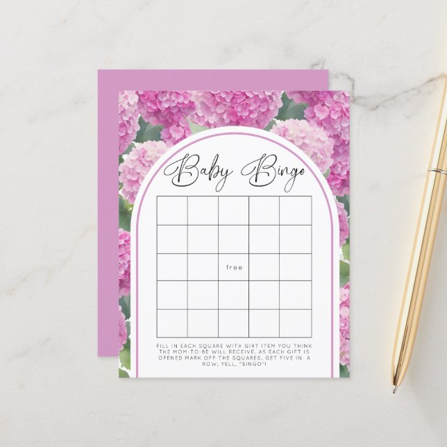 Pink Hydrangea Baby Dusche Baby Bingo Spiel (Vorderseite/Rückseite Beispiel)