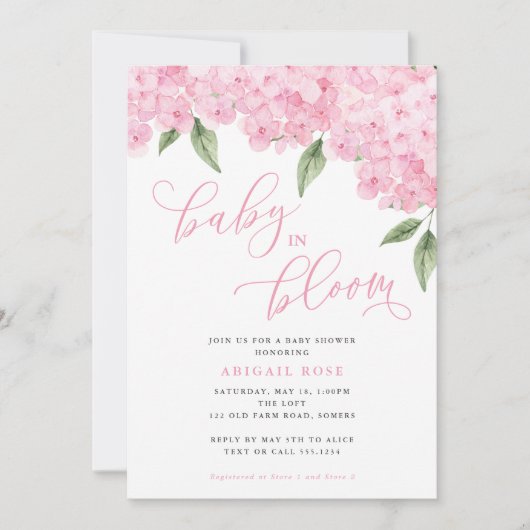 Pink Hydrangea Baby in Bloom Baby Dusche Einladung (Vorderseite)