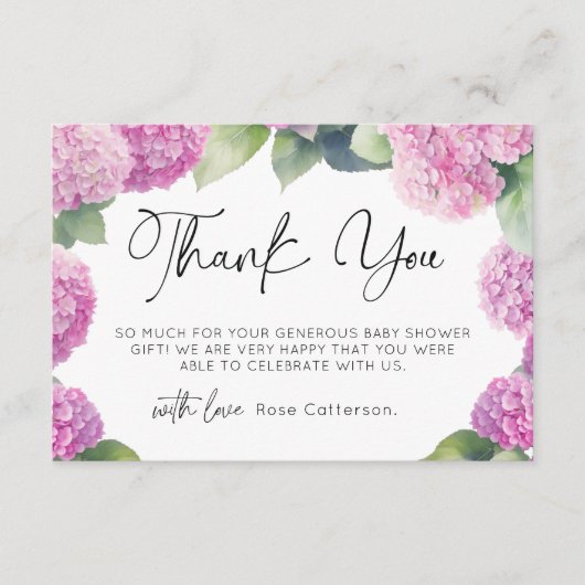 Pink Hydrangea Babydusche Danke Begleitkarte (Vorderseite)