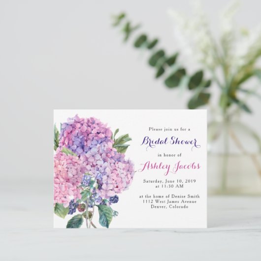 Pink Hydrangea Bloral Bridal Dusche Einladung (Stehend Vorderseite)
