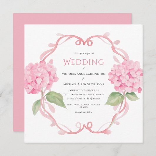 Pink Hydrangea Bloral Wedding Einladung (Vorne/Hinten)