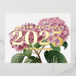 Pink Hydrangea Blume Frohes Neues Jahr 2025 Gold Folien Feiertagspostkarte