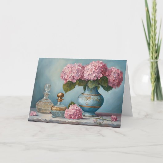 Pink Hydrangea Blume und Vintage Parfümflaschen Karte (Vorderseite)
