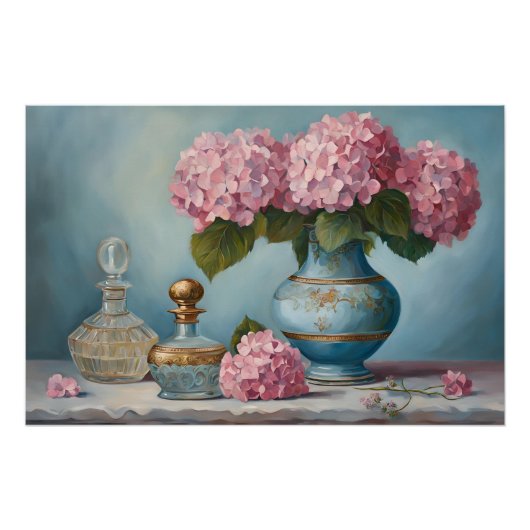 Pink Hydrangea Blume und Vintage Parfümflaschen Poster (Vorderseite)