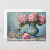 Pink Hydrangea Blume und Vintage Parfümflaschen Postkarte (Vorne/Hinten)