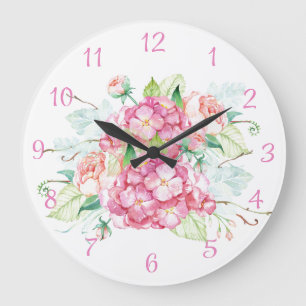 Pink Hydrangea Blume Wasserfarbenwall-Uhr Große Wanduhr