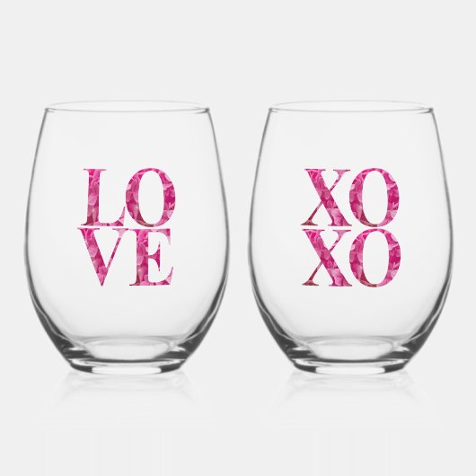 Pink Hydrangea Blumenbriefe LIEBE XOXO Paar Weinglas Ohne Stiel (Vorderseite)
