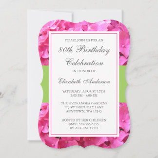 Pink Hydrangea Border Green 80. Geburtstagsparty Einladung