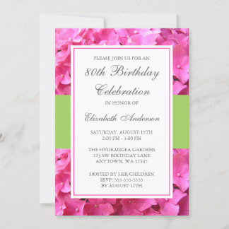 Pink Hydrangea Border Green 80. Geburtstagsparty Einladung