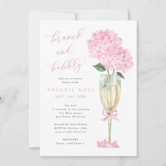 Pink Hydrangea Brunch und Bubbly Gold Champagne Einladung (Vorderseite)